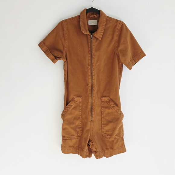 Everlane The Denim Short Coverall Organic Cotton Brown Rust Romper Women Size 6 - Picture 2 of 5